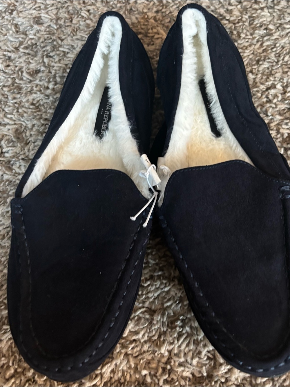 Banana Republic Black Suede Faux-Fur Lined Moccasin Slippers new sz 9 fur